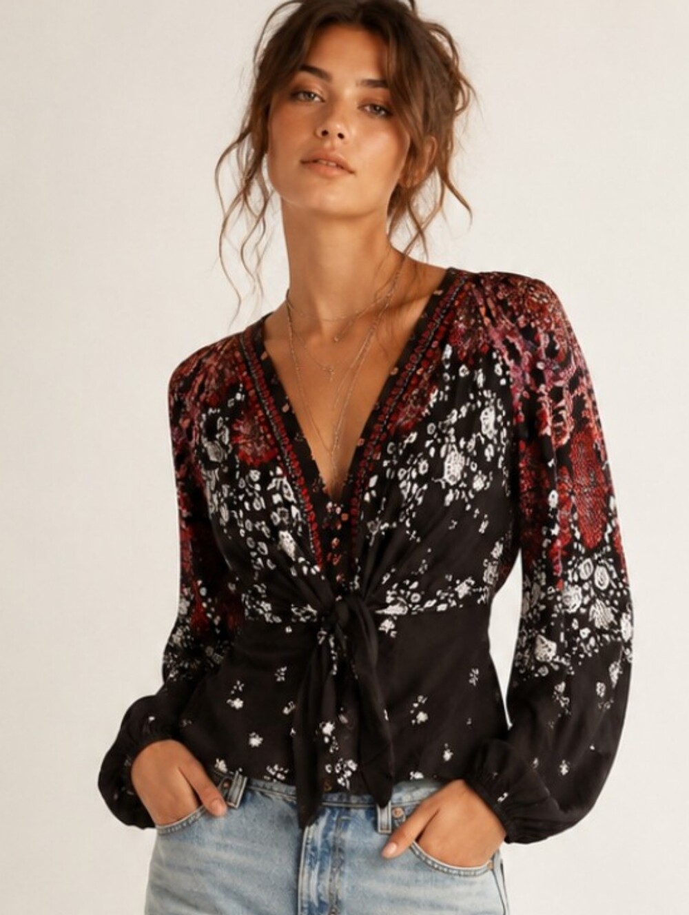 Free People Floral Tie Front Boho Blouse Medium EUC